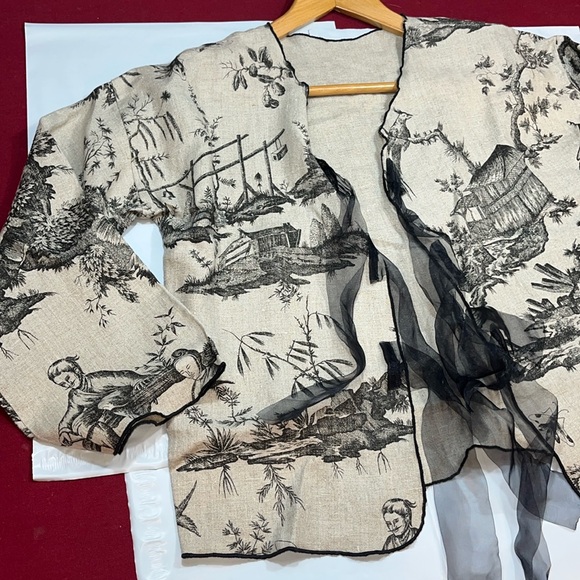 LOUIS SIMON for La Libellule TAN designer ASIAN BLAZER JACKET black ribbon ties - Picture 6 of 16